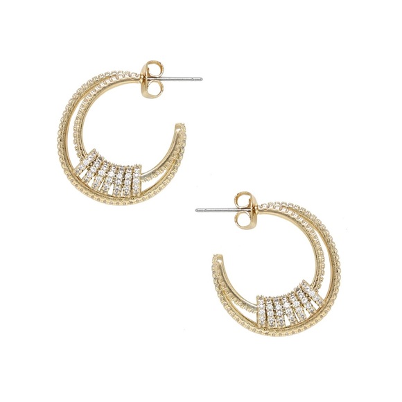 NWT ETTIKA DOUBLE CRYSTAL PAVE RING 18K GOLD PLATED HOOP EARRINGS - Picture 3 of 6